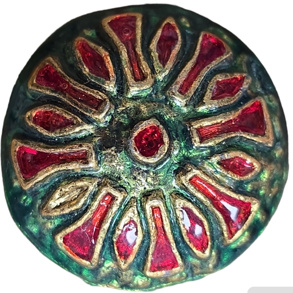 Brooch with Green, Red, & Gold Design, 1.34 inch diameter